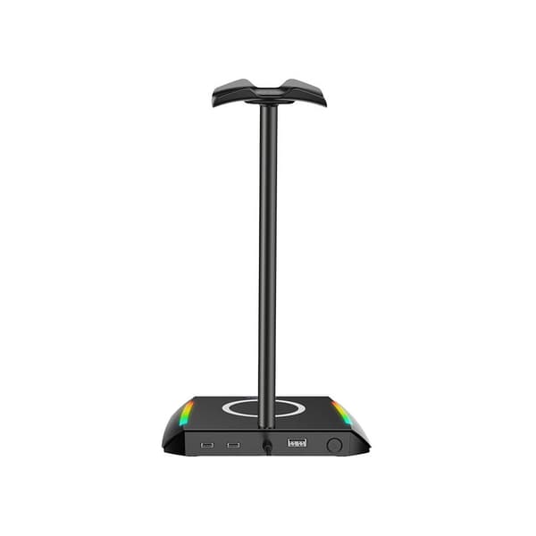 Hodetelefonstativ med RGB-belysning og USB-porter for lading