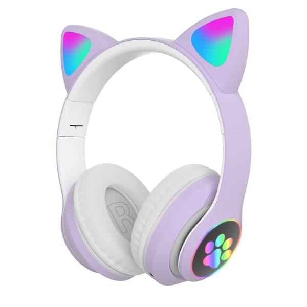 Blinkende lys BT Wireless Cat Ear-hodesett med mikrofon-USB-lading - Lilla
