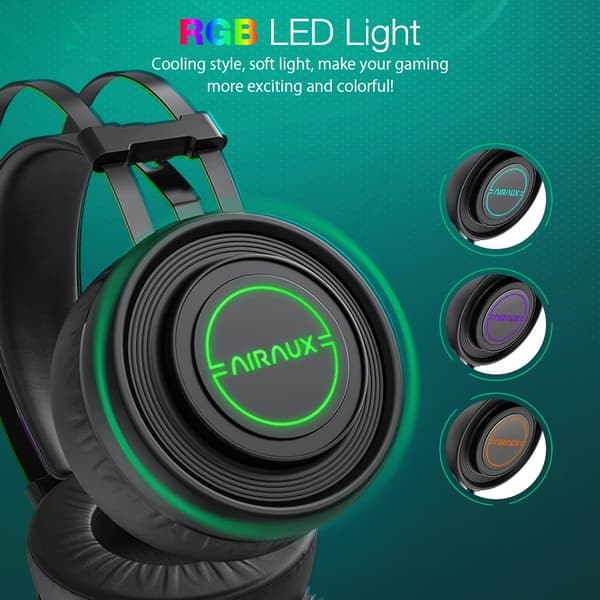 AirAux AA-GB1 Gaming-hovedtelefon USB 7.1 Surround Sound RGB LED-lys Stereofleksibelt computerheadset med mikrofon(Sort, med mikrofonlys)