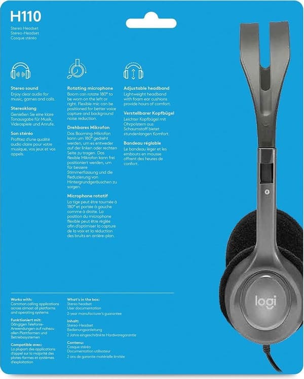 Logitech H110 -kuulokkeet - Kaksinkertainen 3,5 mm:n liitäntä - harmaa