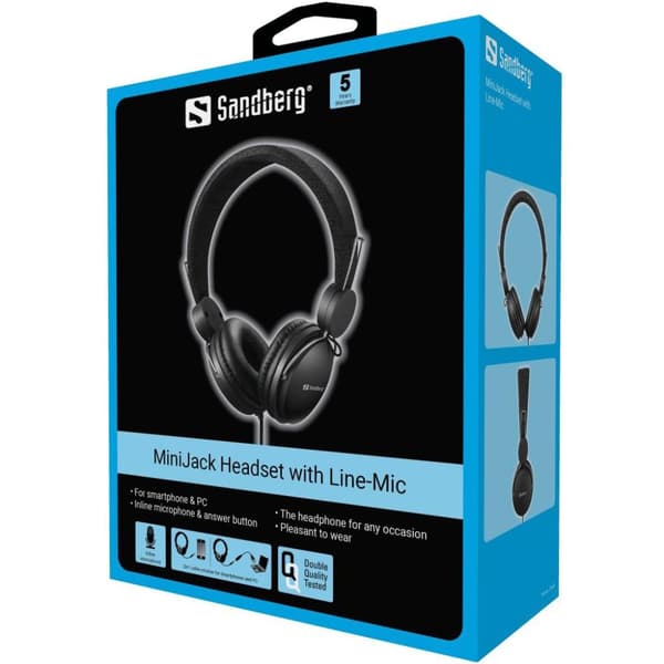 Sandberg MiniJack Headset med Line-Mic - hörlurar med mikrofon - on-ear - trådbunden - 3,5 mm kontakt