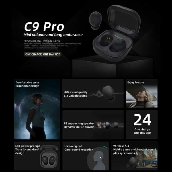 C9 Pro Trådlösa Bluetooth Hörlurar TWS 5.3 Svart