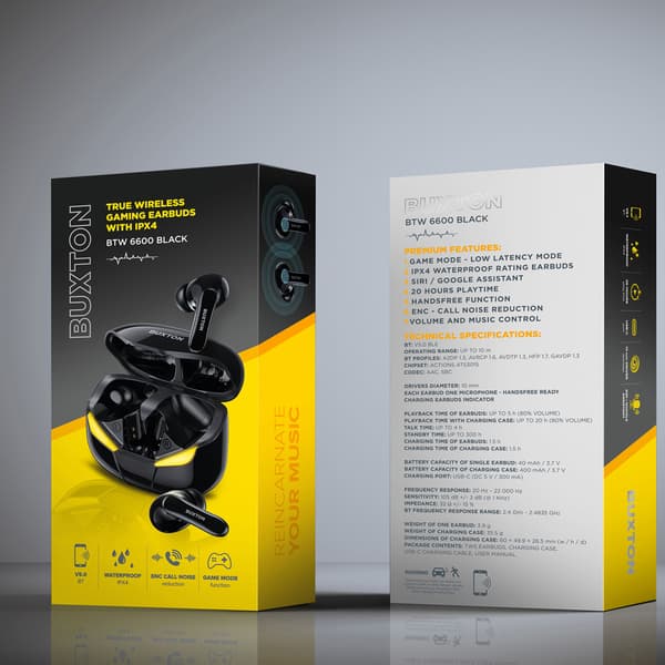BUXTON True Wireless Spelhörlurar IPX4 Svarta