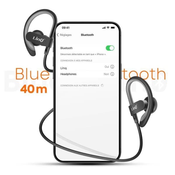 Bluetooth-hörlurar - LINQ - Nackband - Svart - Räckvidd 40m - Sweatbeständig