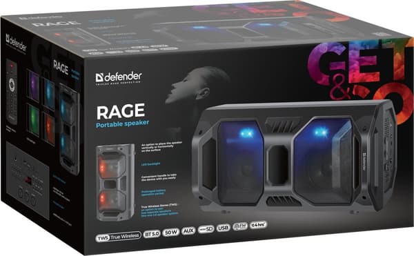 Defender Rage bærbar stereohøjttaler Sort 50 W