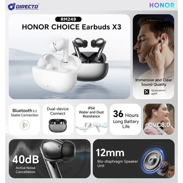 HONOR Choice Earbuds X3 Trådlös Bluetooth-hörlurar Vit 40dB Aktiv brusreducering Dubbel enhetsanslutning