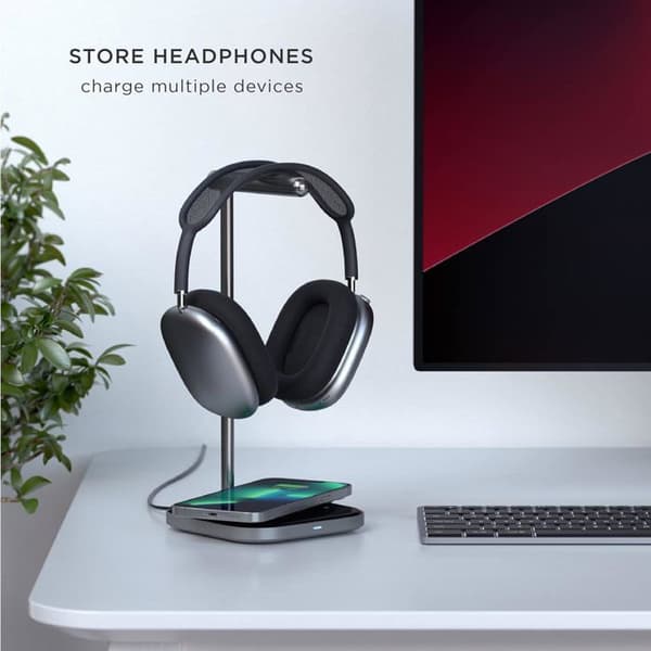 SATECHI 2-i-1 hörlursställ med trådlös laddare - USB Type-C utgångsport och magnetisk trådlös laddare - Kompatibel med