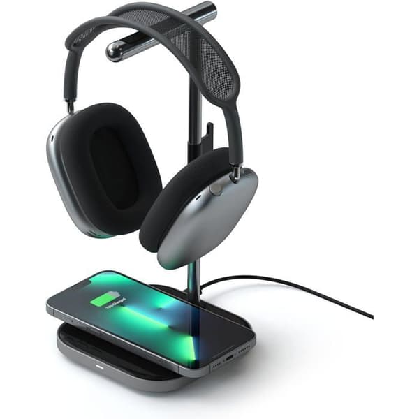 SATECHI 2-i-1 hörlursställ med trådlös laddare - USB Type-C utgångsport och magnetisk trådlös laddare - Kompatibel med