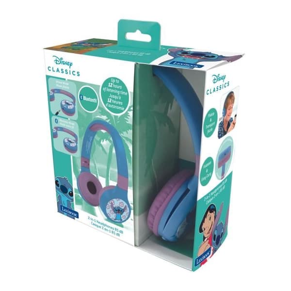 LEXIBOOK - 2 i 1 Disney Stitch hörlurar - Trådlös Bluetooth 5.0 eller Audi kabel - Långvarigt uppladdningsbart batteri - Blå