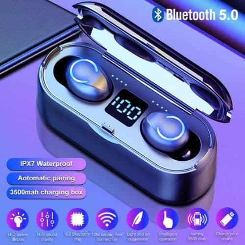F9-8 TWS Mini Bluetooth 5.0 hörlurar Trådlösa stereohörlurar Headset med 3500mAh laddningsfack Vit