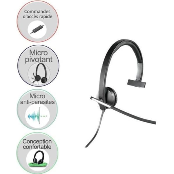 Logitech USB H650e Mono Headset - Kabelansluten med snabb åtkomstkontroll och flexibel mikrofonbom