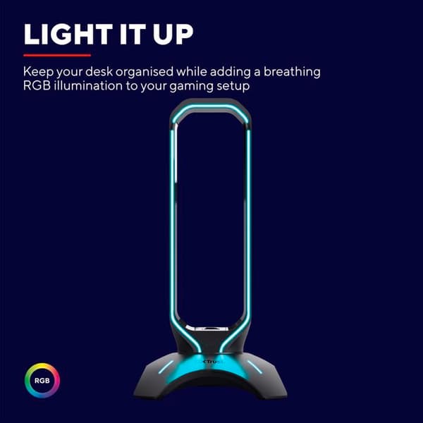 Trust Gaming GXT 265 Cintar Gaming Headset-ställ, RGB-headsethållare, LED-belysta kanter, 2 USB-portar, skrivbordstillbehör