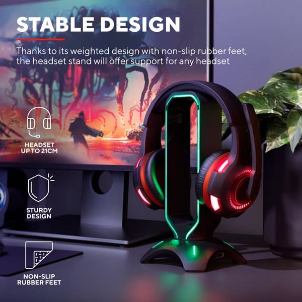 Trust Gaming GXT 265 Cintar Gaming Headset-ställ, RGB-headsethållare, LED-belysta kanter, 2 USB-portar, skrivbordstillbehör