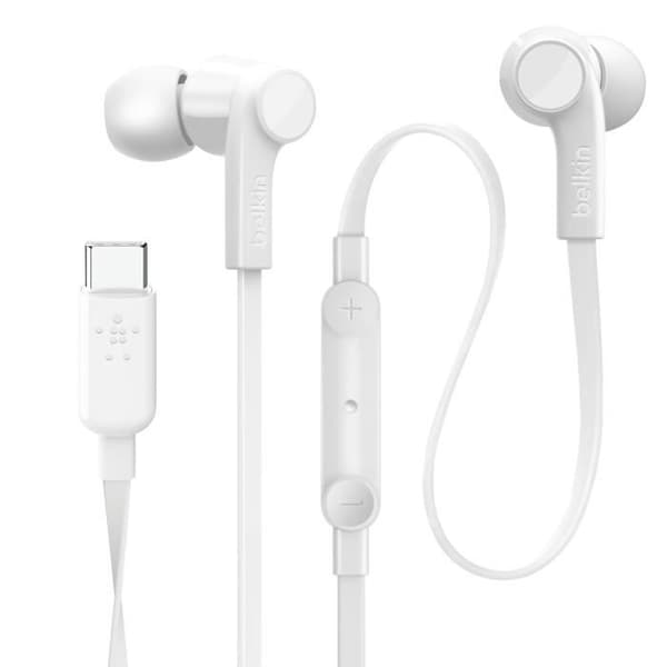 USB C Hörlurar Mikrofonknappar Hands-Free Kit Silikon Platt 1,2 m Belkin Vit