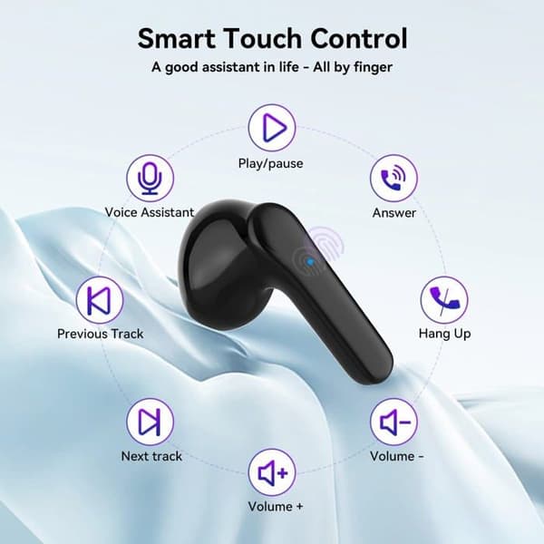 OUTUOTWQ Trådlösa Bluetooth-hörlurar 5.2 Hi-Fi Stereo Ljud Brusreducering ENC Vattentät Touch Control för iOS Android, Svart