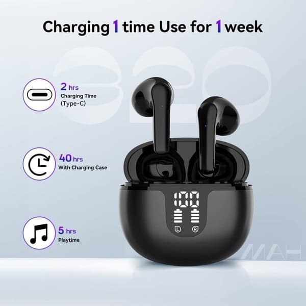 OUTUOTWQ Trådlösa Bluetooth-hörlurar 5.2 Hi-Fi Stereo Ljud Brusreducering ENC Vattentät Touch Control för iOS Android, Svart