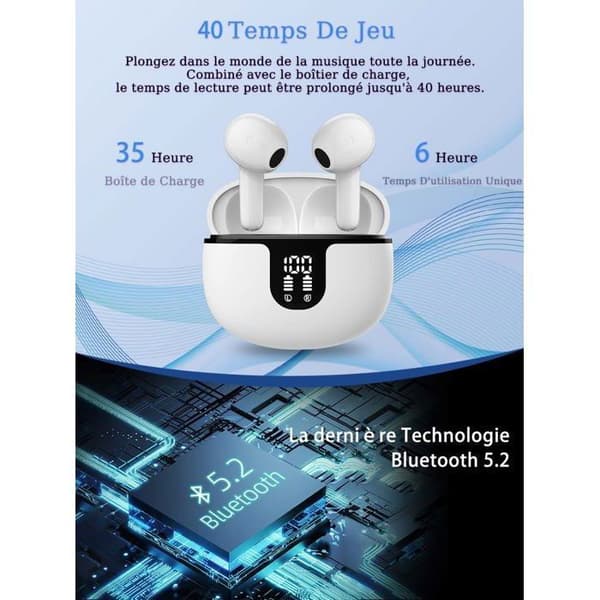 OUTUOTWQ Trådlösa Bluetooth-hörlurar 5.2 Hi-Fi Stereo Ljud Brusreducering ENC Vattentät Touch Control för iOS Android, Vit