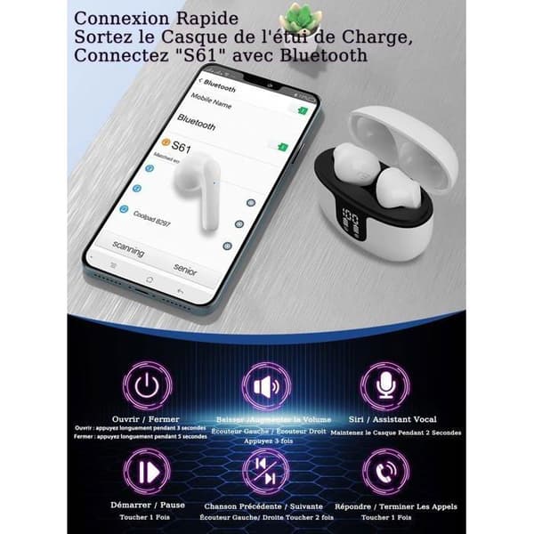 OUTUOTWQ Trådlösa Bluetooth-hörlurar 5.2 Hi-Fi Stereo Ljud Brusreducering ENC Vattentät Touch Control för iOS Android, Vit