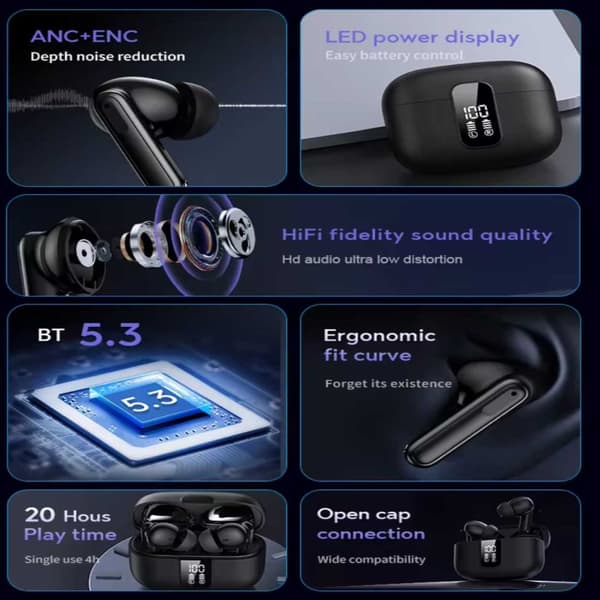 Trådlösa TWS Bluetooth Hörlurar 20 Timmar ANC ENC BT 5.3 Svart