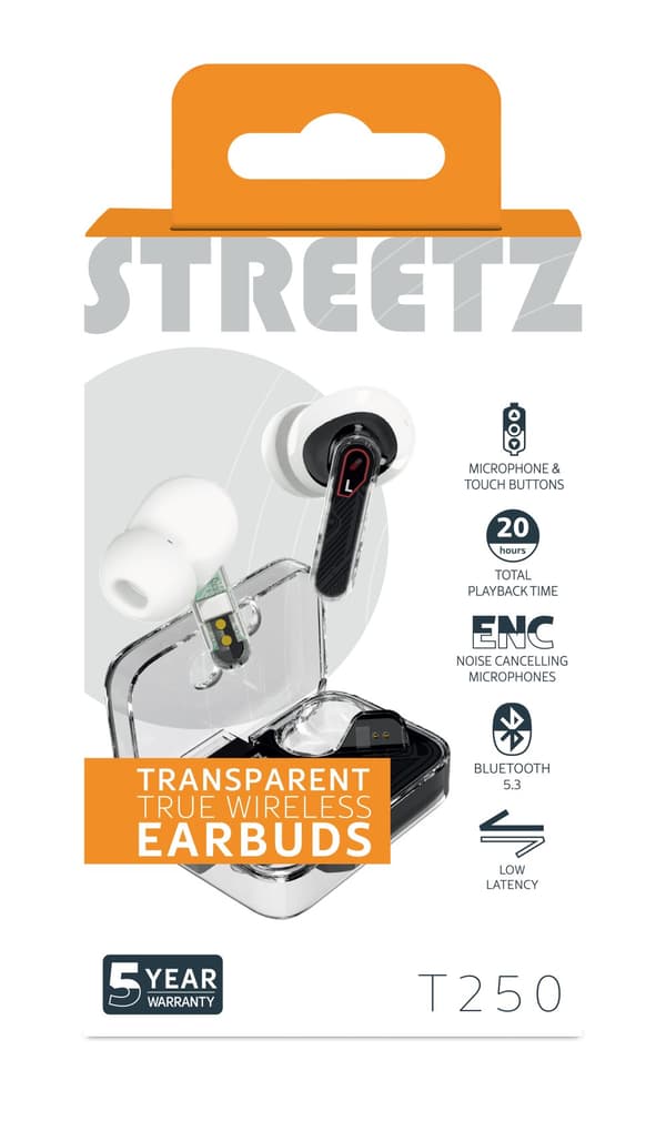T250 TWS earphones, ENC, Transparent, Black