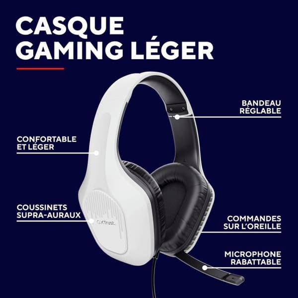 Trust Gaming GXT 415 Zirox Lightweight Wired Gaming Headset för PC, Xbox, PS4, PS5, Switch, 3,5 mm Jack, med Mic - Vit