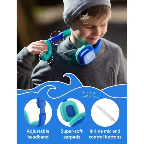Planet Buddies barnhörlurar - Volym begränsad till 85dB - 40 mm högtalare - Bekväma och hopfällbara - Blå
