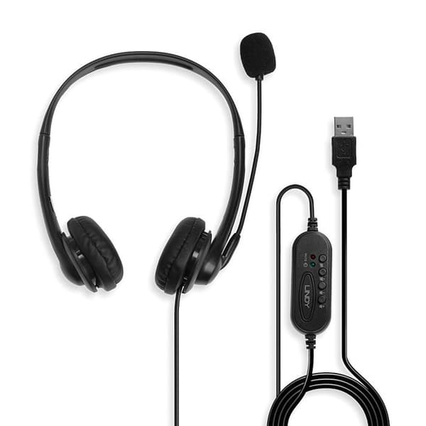 Över-ear hörlurar - Lindy - USB - Svart - Trådad - Justerbar mikrofon