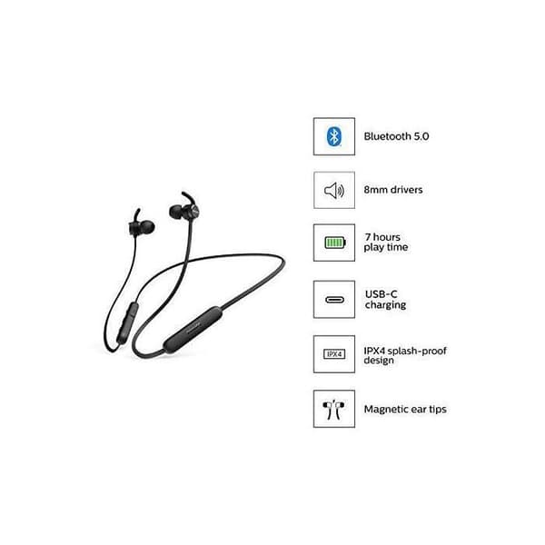Philips E1205BK/00 Bluetooth-hörlurar med mikrofon, trådlösa hörlurar (Fjärrkontroll, 7 timmars uppspelning, skydd mot)