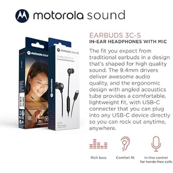 Hörlurar - MOTOROLA - Öronsnäckor 3C-S - Svarta - USB-C - Svettbeständiga
