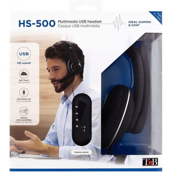 TNB CSMHS500 HS-500 brusreducerande USB-hörlurar med kabel - HD-ljud - Svart