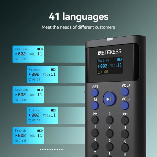 Retekess TT128 hörlurar, Audio Whisper tolkningsutrustning, automatisk förklaringsguideringssystem, 41 språk, för resor