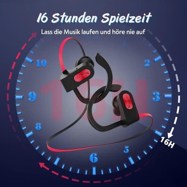 Trådlösa in-ear hörlurar med 16 timmars batteritid, vattentåliga IPX7, baslågt stereoljud - Shedirmuc