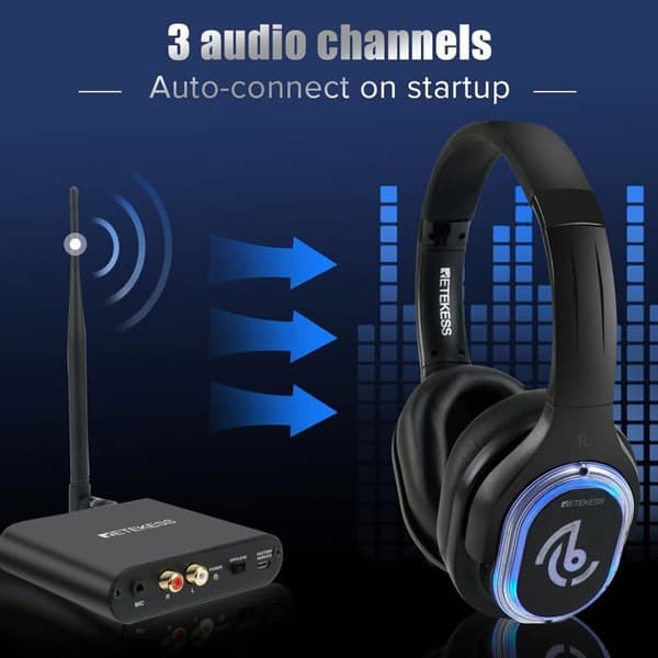 Retekess TA004 Trådlösa Hörlurar för TV, Silent Disco Hörlursset, 3 kanaler, 200M, 10 Hörlurar, Silent Disco Startpaket