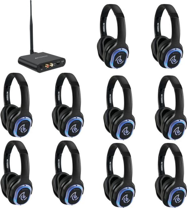 Retekess TA004 Trådlösa Hörlurar för TV, Silent Disco Hörlursset, 3 kanaler, 200M, 10 Hörlurar, Silent Disco Startpaket