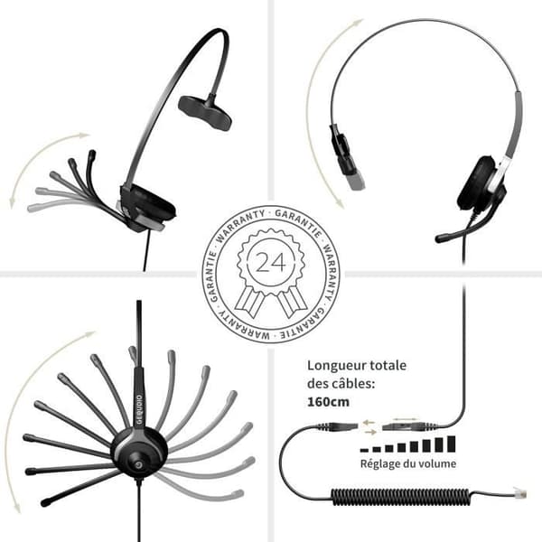 Trådat headset GEQUDIO WA9003 kompatibelt med telefoner GX3 GX5 Mitel Aastra Fanvil PolyPolycom och Gigaset med RJ-kontakt.