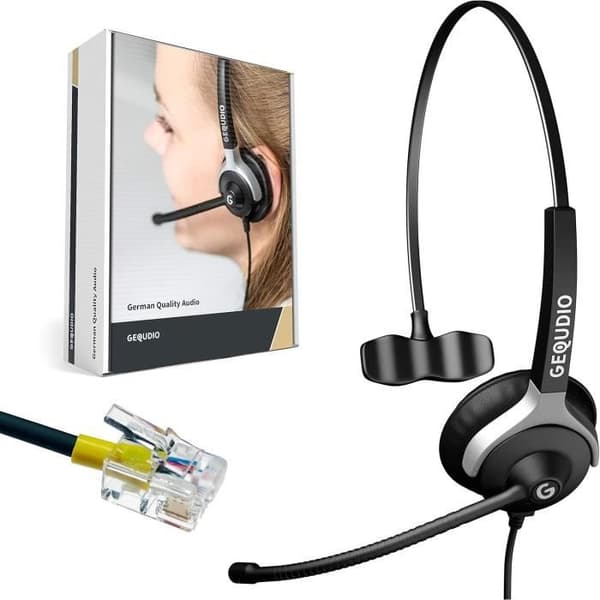 Trådat headset GEQUDIO WA9003 kompatibelt med telefoner GX3 GX5 Mitel Aastra Fanvil PolyPolycom och Gigaset med RJ-kontakt.