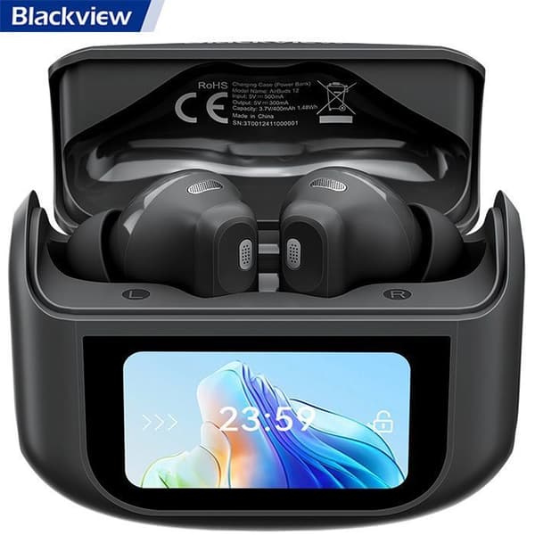 Trådlösa hörlurar Blackview AirBuds 12, Bluetooth-hörlurar utan sladd BT 5.4 med LED-touchdisplay 400mAh ANC&ENC IPX7 vattentåliga - Svart