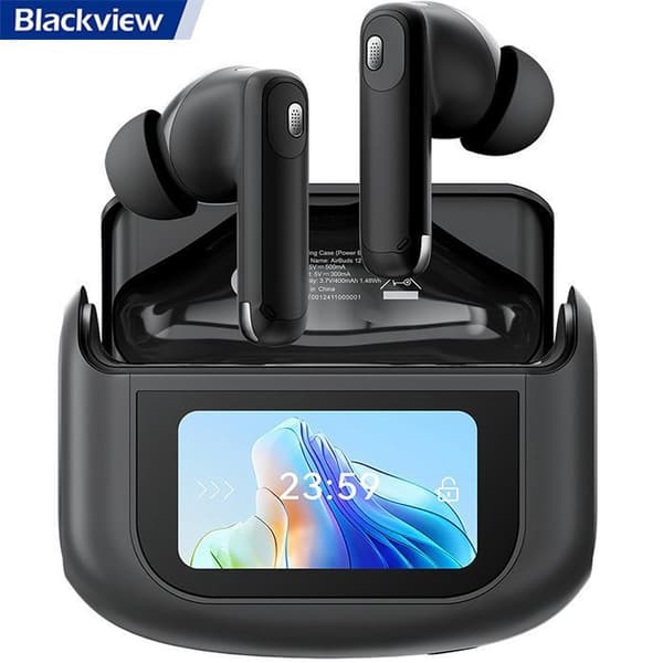 Trådlösa hörlurar Blackview AirBuds 12, Bluetooth-hörlurar utan sladd BT 5.4 med LED-touchdisplay 400mAh ANC&ENC IPX7 vattentåliga - Svart