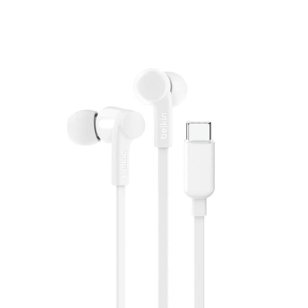 Vita USB-C-hörlurar med justerbar volymbegränsare för säker och bekväm lyssning.