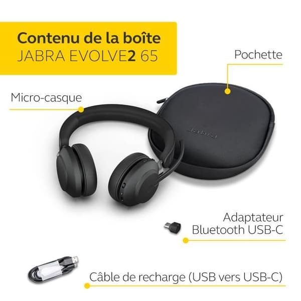 Trådlösa hörlurar - JABRA - Evolve2 65 - USB-C - Stereo - Aktiv brusreducering