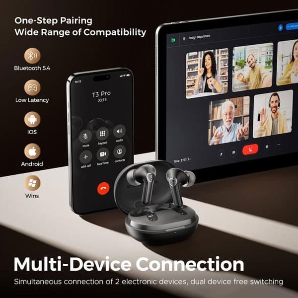 Trådlösa hörlurar - Soundpeats - T3 Pro - Bluetooth 5.4 - 28 timmars batteri - IPX4 vattentålig
