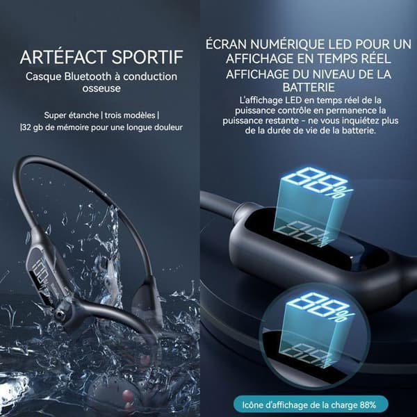 INN Bone conduction hörlurar IPX8 svart bluetooth 5.3 vattentät med 32 GB minne trådlösa bluetooth hörlurar trådlösa bluetooth headset