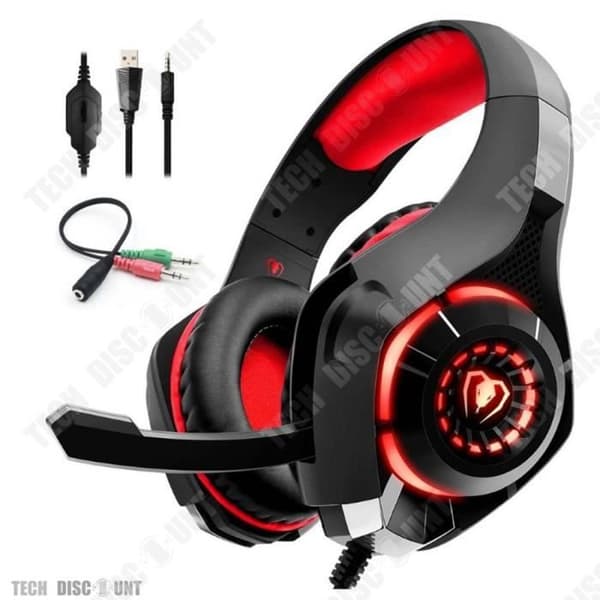 Röd Gaming Headset TD® Gaming Headset med mikrofon för PC och bärbar dator - LED Luminous Black and Red Comfortable