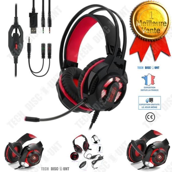 Röd Gaming Headset TD® Gaming Headset med mikrofon för PC och bärbar dator - LED Luminous Black and Red Comfortable