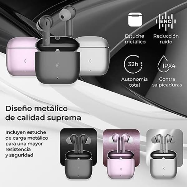 KSIX Meteor trådlösa Bluetooth-hörlurar, HD-samtal, ENC-brusreducering, metallladdningsfodral, True Wireless Stereo,