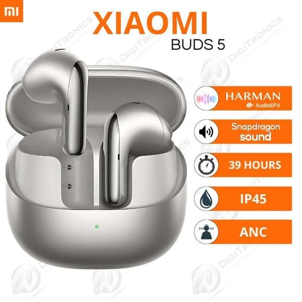 XIAOMI BUDS 5 Harman AudioEFX - Google Fast Pair - ANC - 3 AI-mikrofoner - Kraftfull bas - Qualcomm® - 39 timmar - IP54 - Titanium