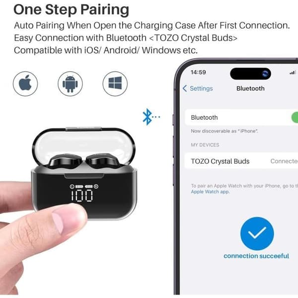 TOZO Crystal Buds Trådlösa hörlurar Bluetooth 5.3 LED Intelligent Hörlurar IPX8 Vattentåliga