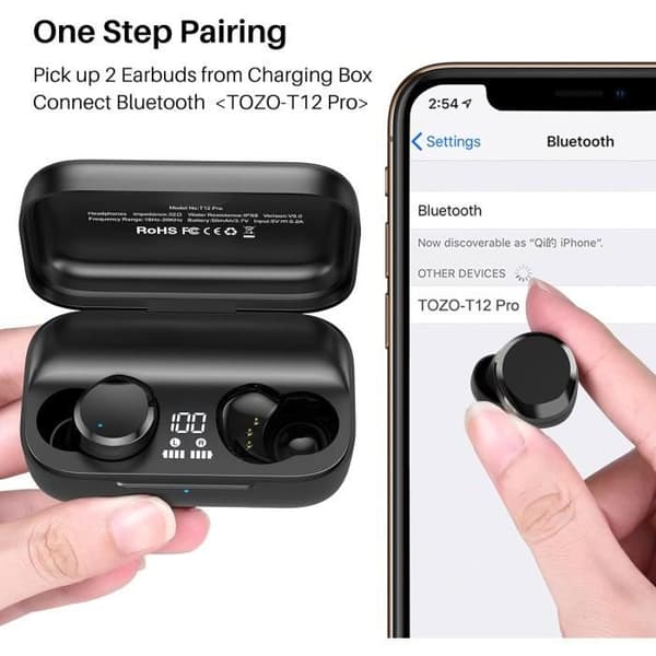 TOZO T12 Pro Trådlösa Bluetooth-hörlurar med trådlös laddningsetui 2500 mAh, IPX8 vattentålig, Svart