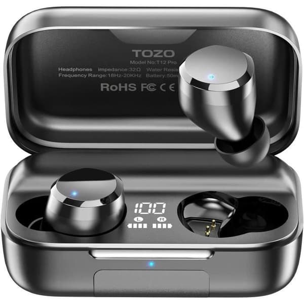 TOZO T12 Pro Trådlösa Bluetooth-hörlurar med trådlös laddningsetui 2500 mAh, IPX8 vattentålig, Svart