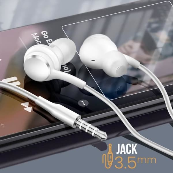Trådbundna hörlurar med 3,5 mm jack och inbyggda kontrollknappar i vitt